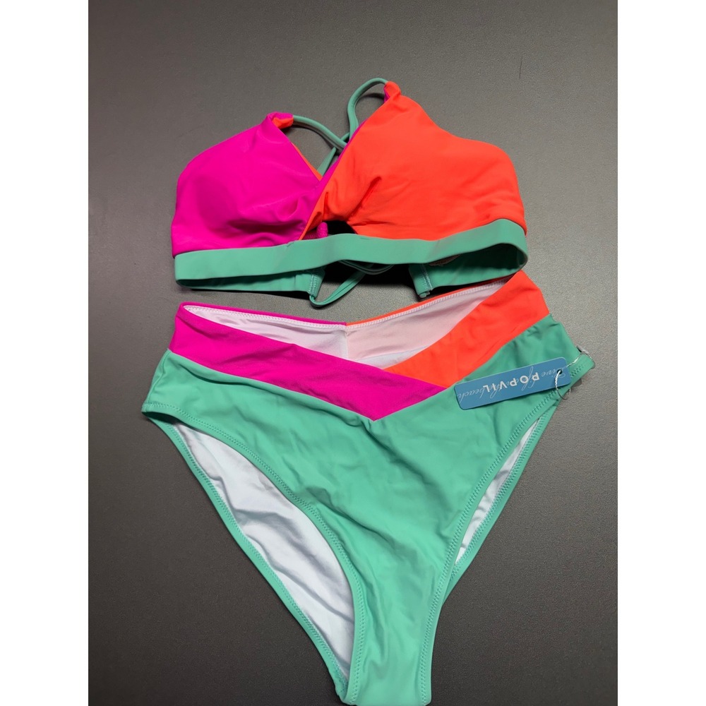 Popvil Neon‎ Color Block High Waisted Bikini Set Pink Orange Mint Green Medium